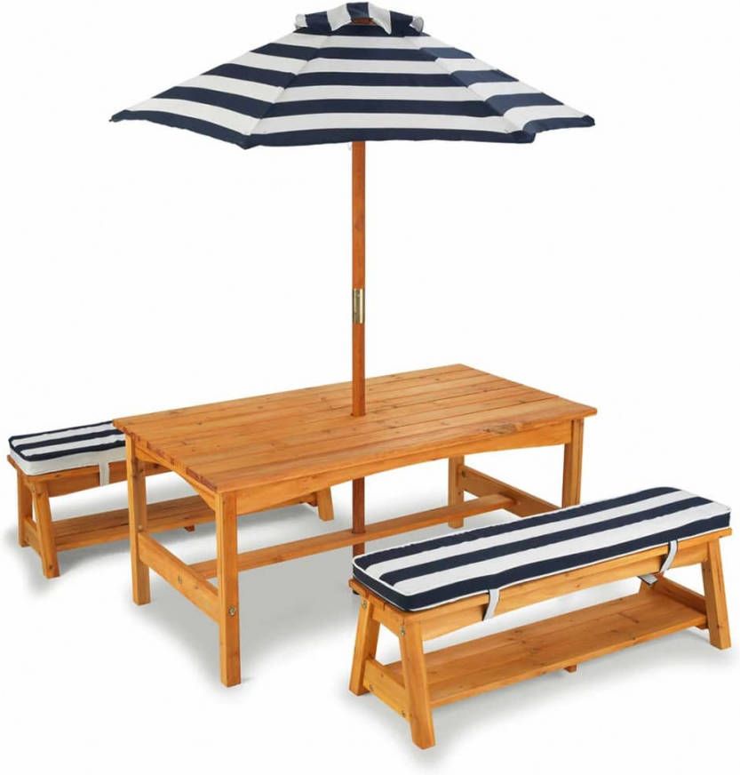 KidKraft ® Kinderzithoek Tuintafelset lichtbruin met zitkussens en parasol, marineblauw/wit gestreept