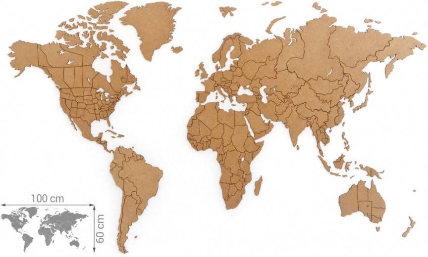 MiMi Innovations Wereldkaart muurdecoratie Luxury 100x60 cm bruin